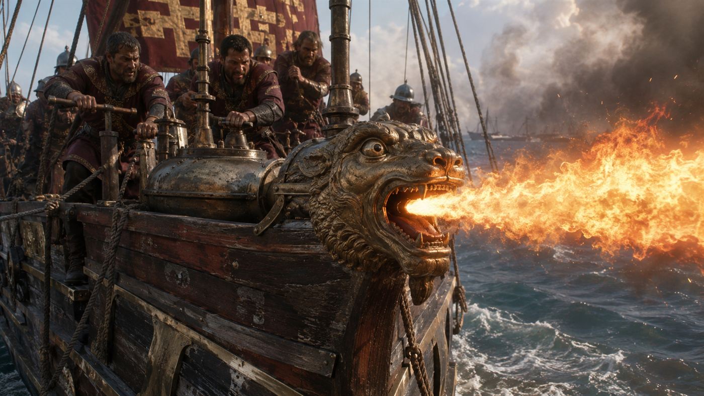 A bronze siphon nozzle on the bow of a Byzantine warship projecting a jet of flame, crew working a pressurized tank behind it