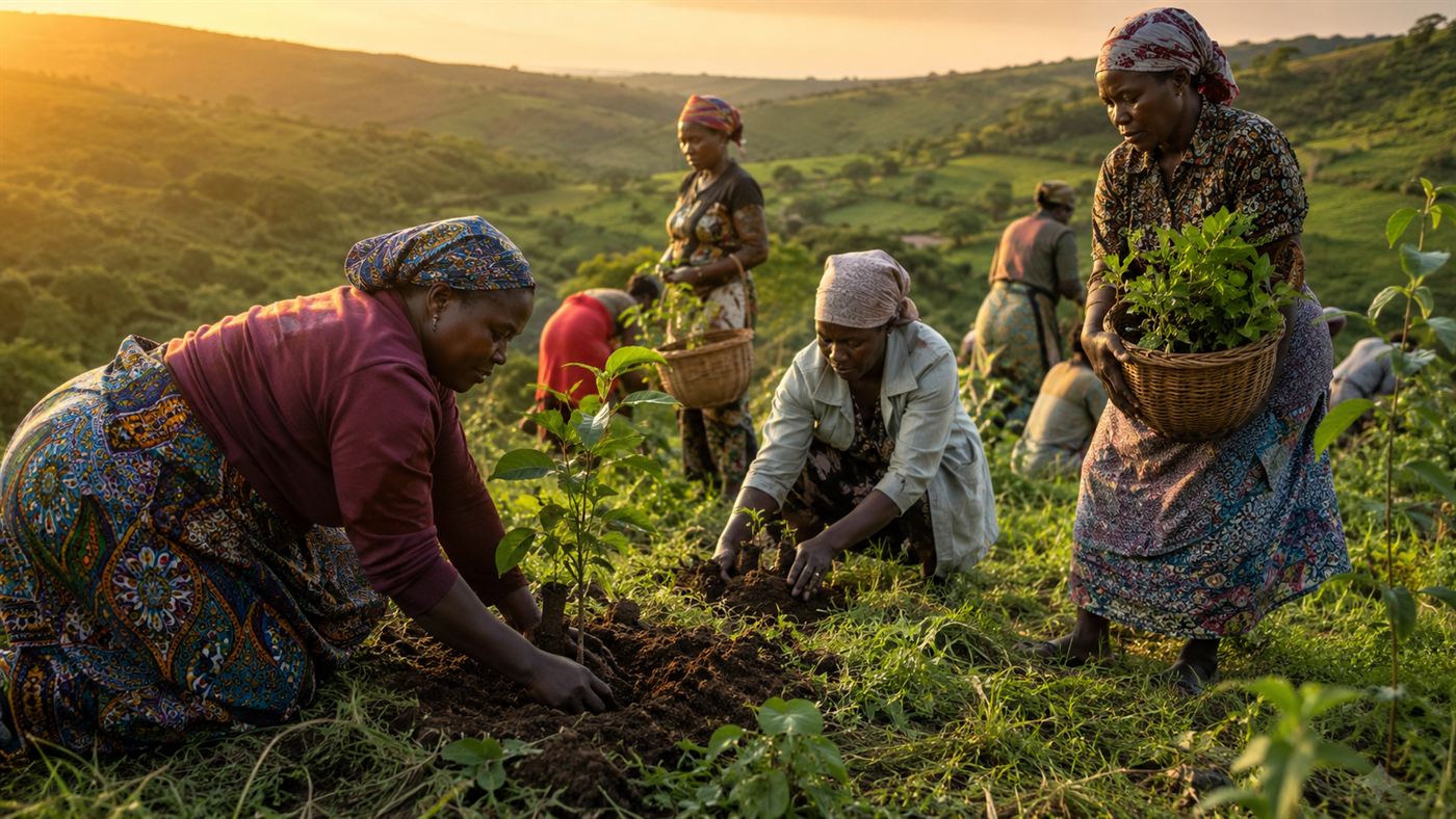 Rural Kenyan women planting tree seedlings together on a green hillside in the Green Belt Movement