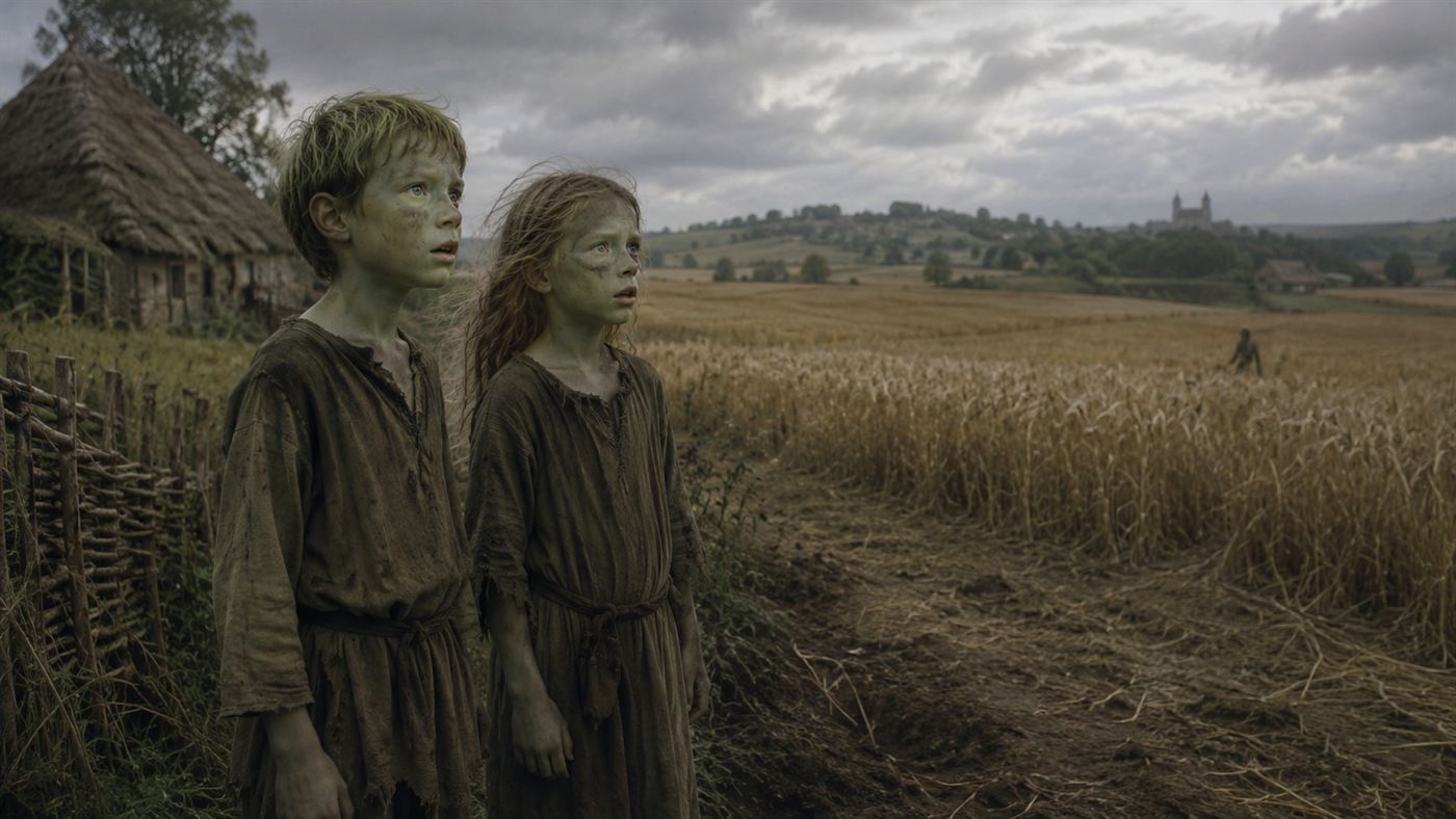 Two pale green-skinned children in ragged medieval clothes standing at the edge of an English harvest field