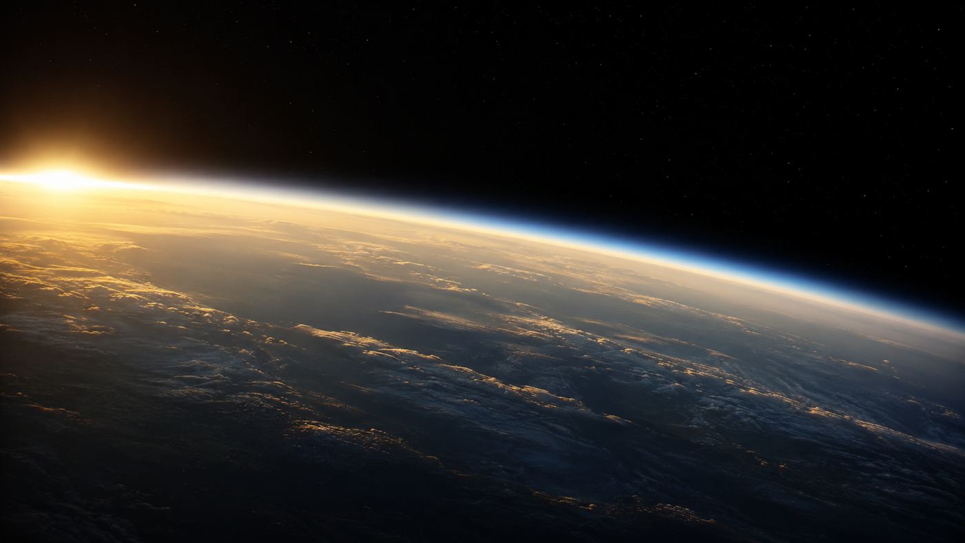The curved edge of planet Earth seen from space at dawn, warm sunlight glowing through the thin band of the atmosphere along the horizon against the black of space