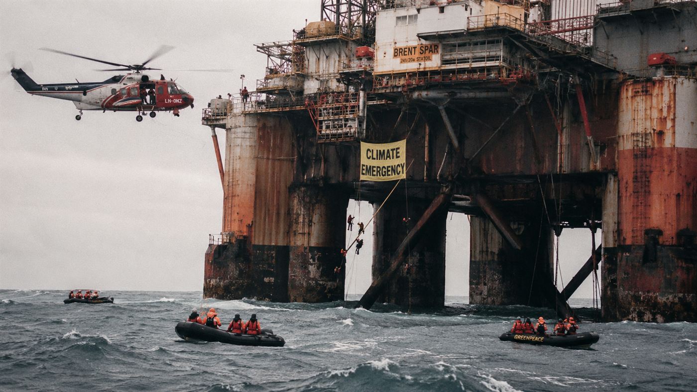 Activists and a helicopter occupying a large offshore oil structure in rough seas during a 1995 protest