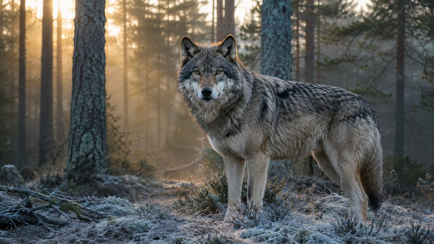 A grey wolf standing alert in a misty European pine forest at dawn, thick fur, amber eyes, frost on the ground, old pine trees behind