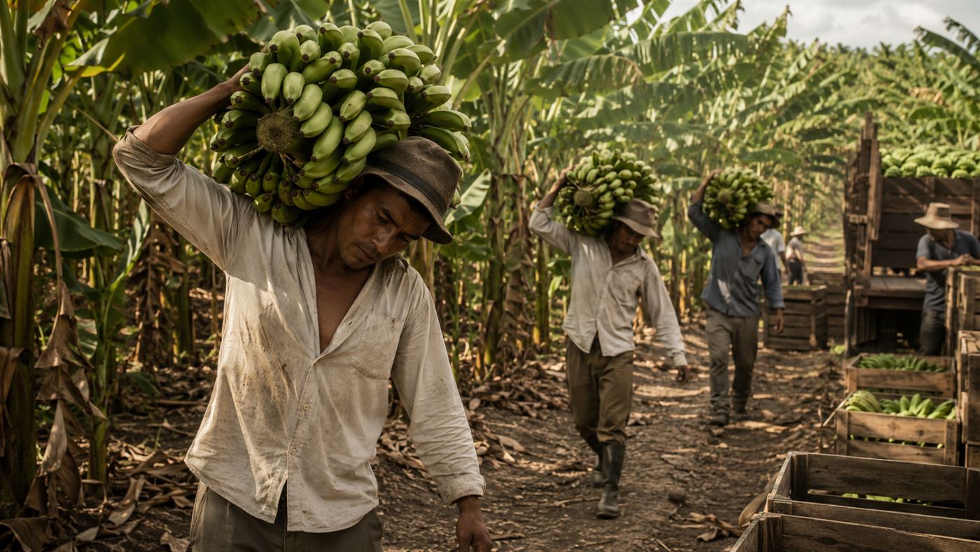 A 1940s banana plantation with workers carrying huge bunches of Gros Michel bananas