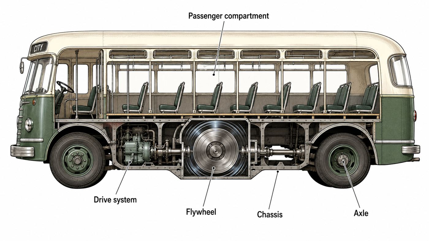 A cutaway illustration of a gyrobus showing the large heavy flywheel mounted low under the floor between the axles