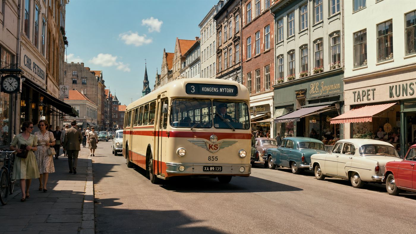 A 1950s gyrobus driving down a European city street lined with period shops and pedestrians, no overhead wires above the road