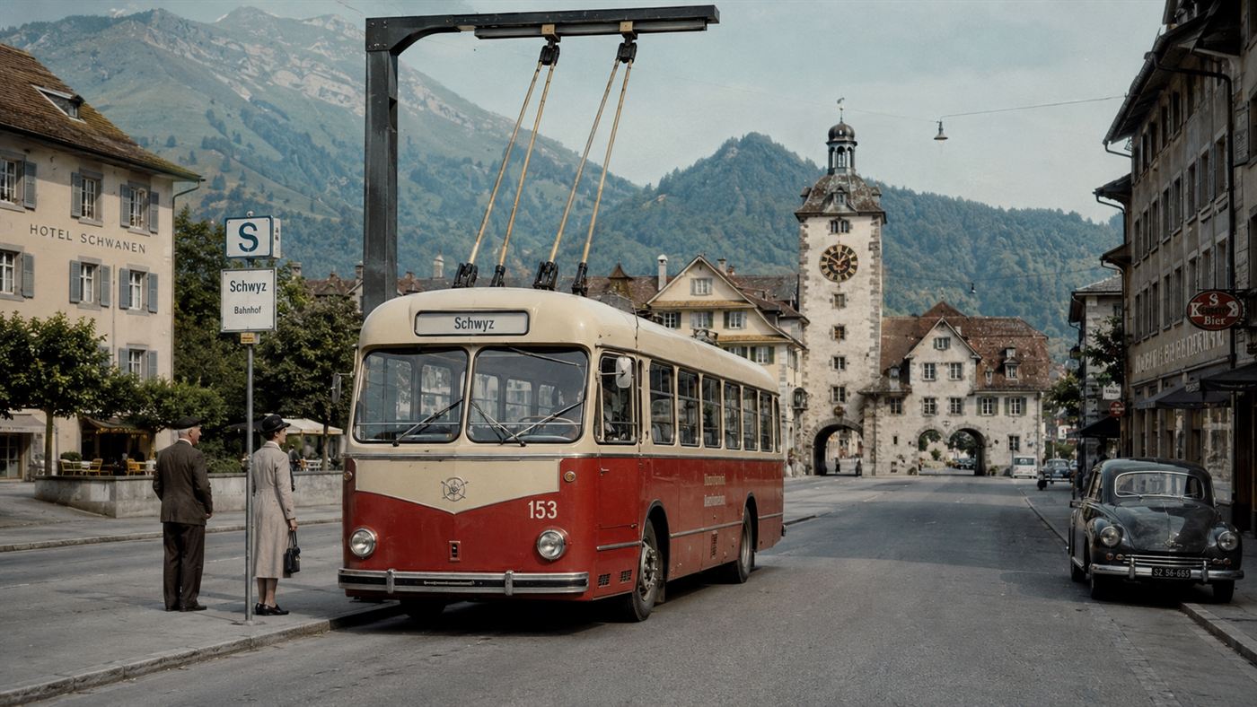 A 1950s cream and red gyrobus at a street stop with three poles raised to an overhead charging post, no overhead wires along the street
