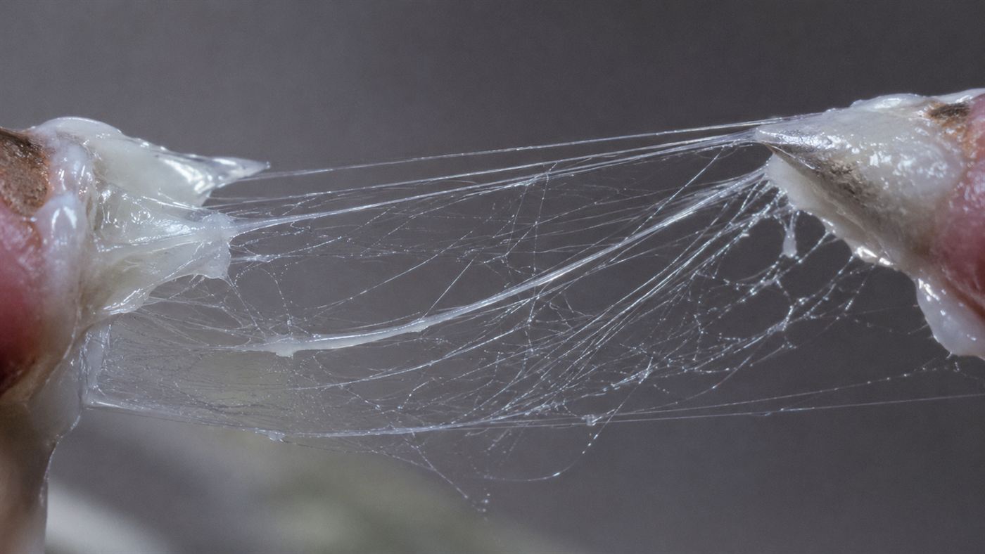 Close-up of glistening white slime stretched into fine silk-like protein threads