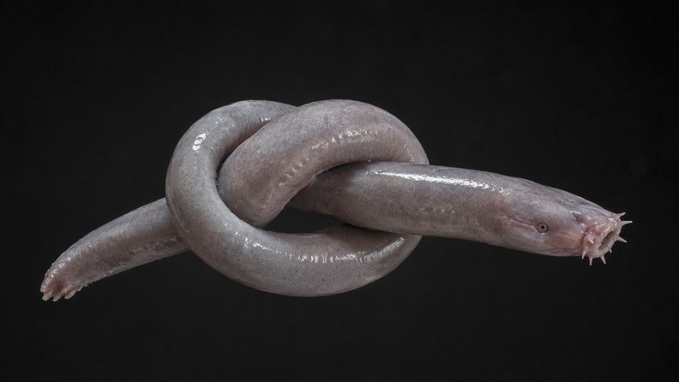 A hagfish with its long body tied into a simple overhand knot to scrape off slime