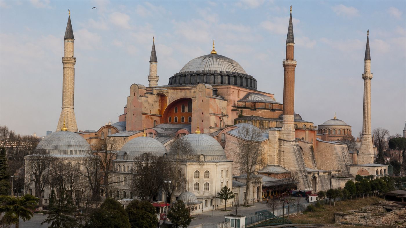 The exterior of Hagia Sophia with its great central dome, half-domes and minarets in Istanbul