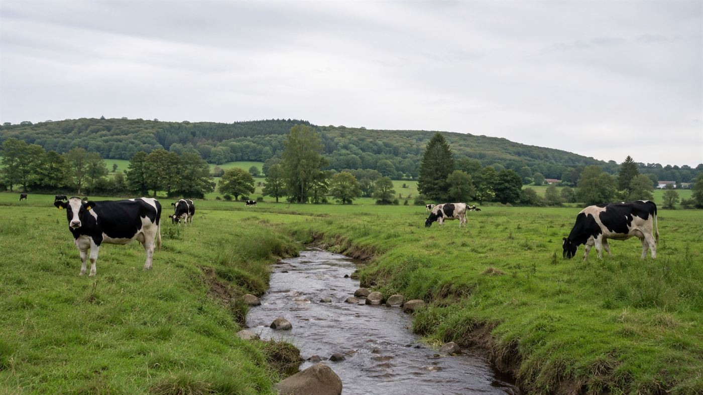 Dairy cattle grazing beside a small stream in green Swedish farmland on the Hallandsås ridge