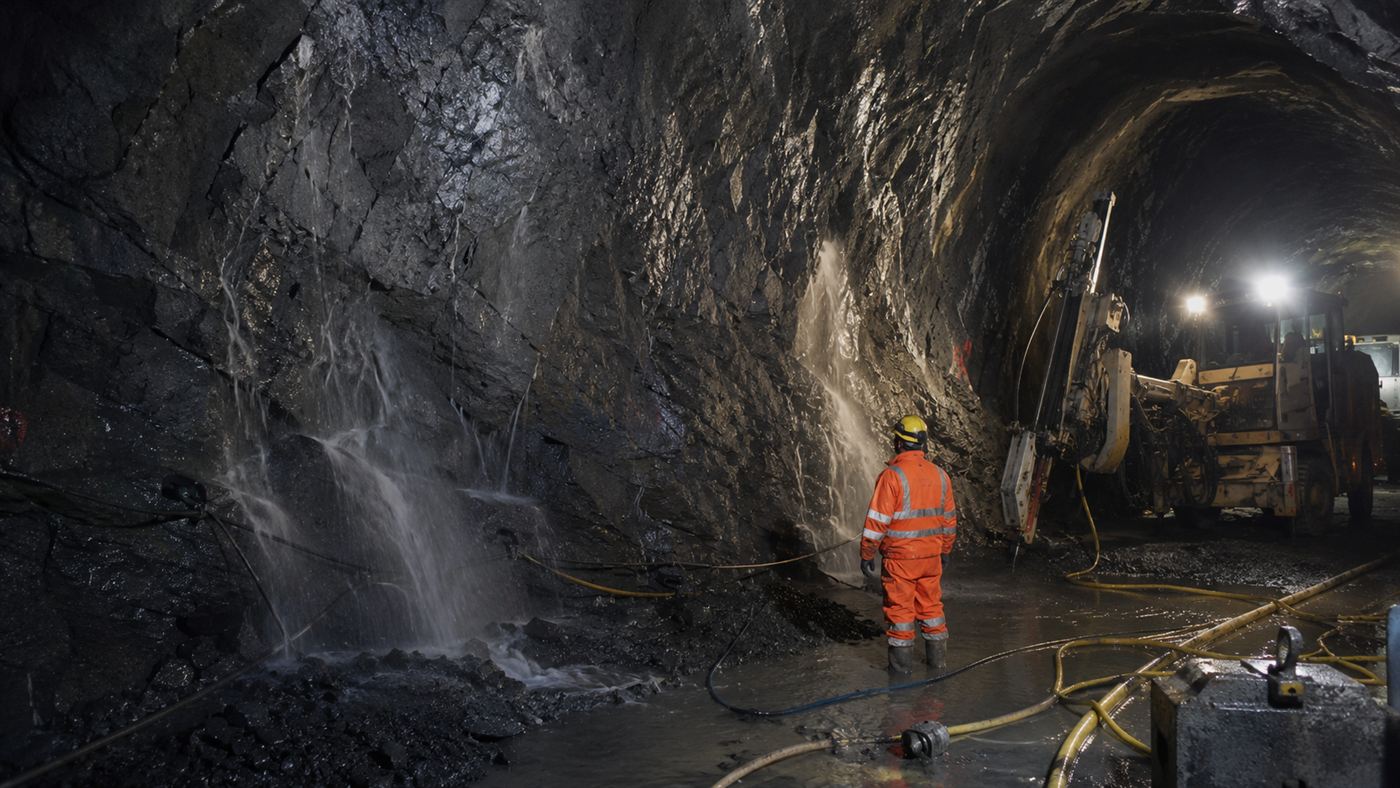 Water gushing from fractured grey rock walls inside the under-construction Hallandsås Tunnel