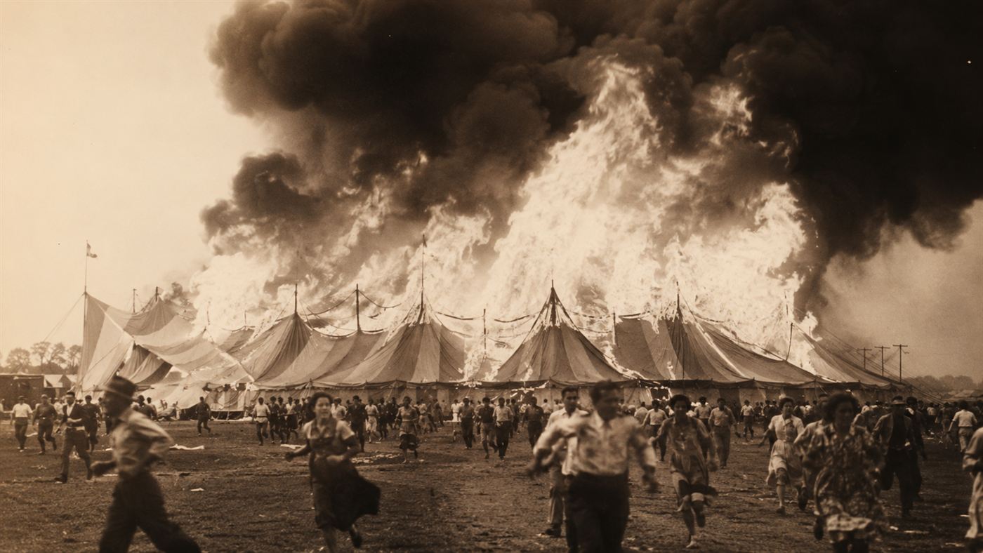 The Ringling Bros big top engulfed in flames during the 1944 Hartford circus fire as crowds flee the burning tent