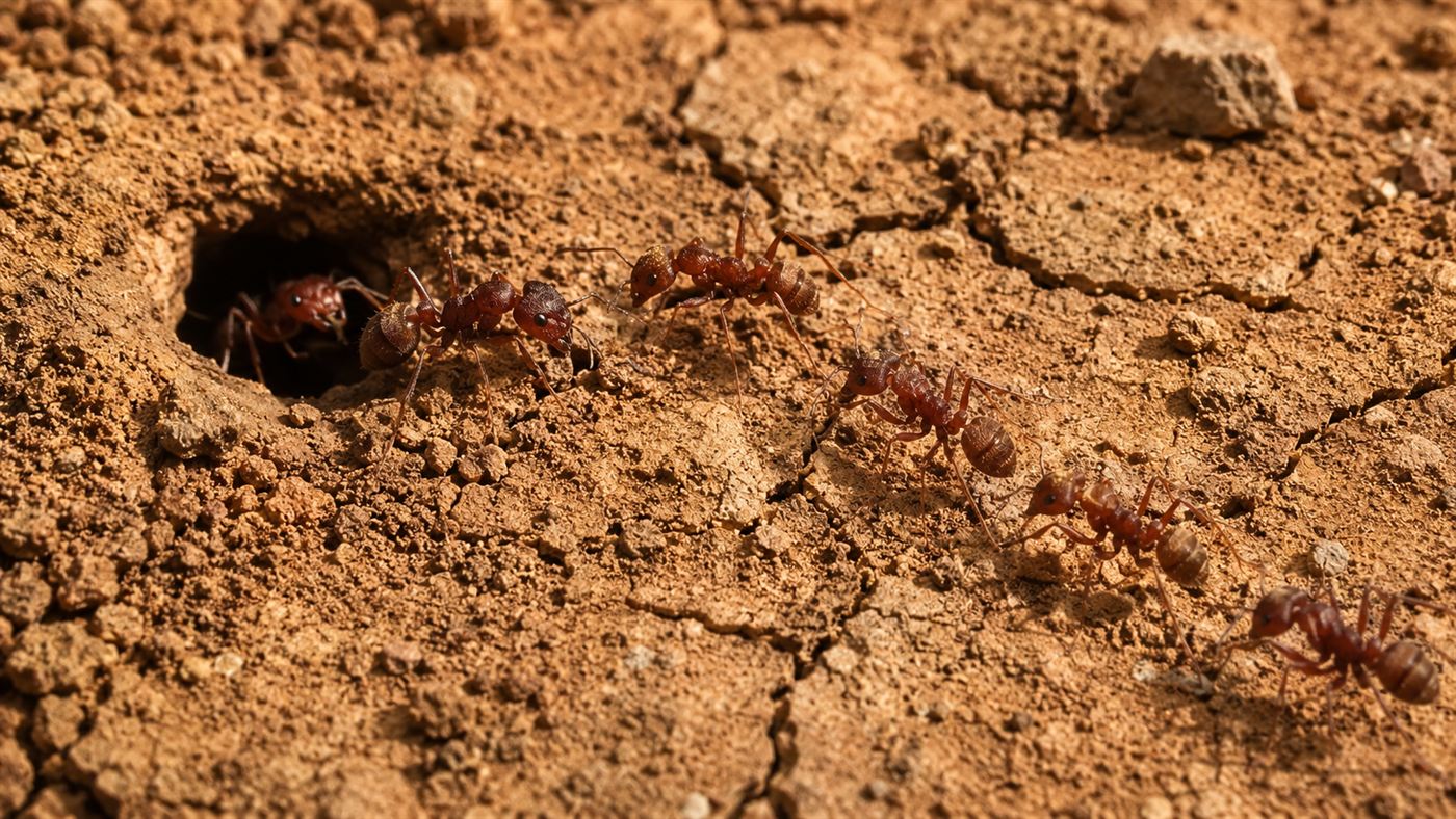 A trail of reddish harvester ants moving across cracked desert soil near their nest