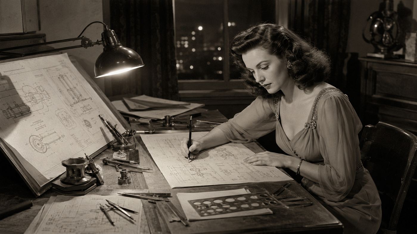 Hedy Lamarr, a glamorous 1940s film star, working at a desk with engineering sketches