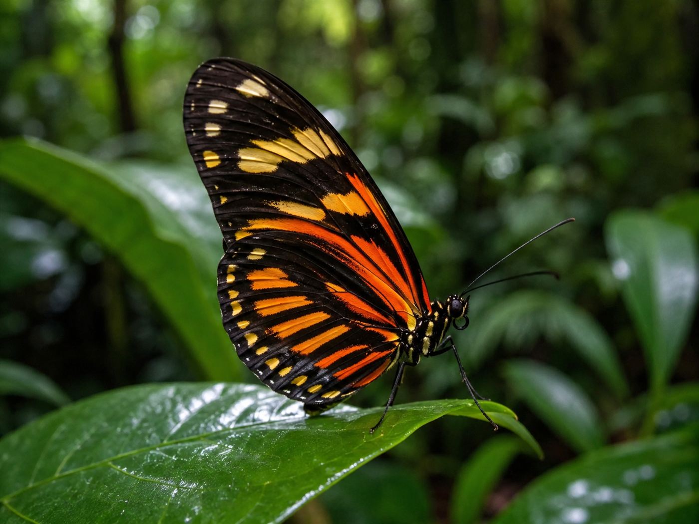 Close-up of a Heliconius tropical butterfly with orange and yellow markings resting on a green leaf
