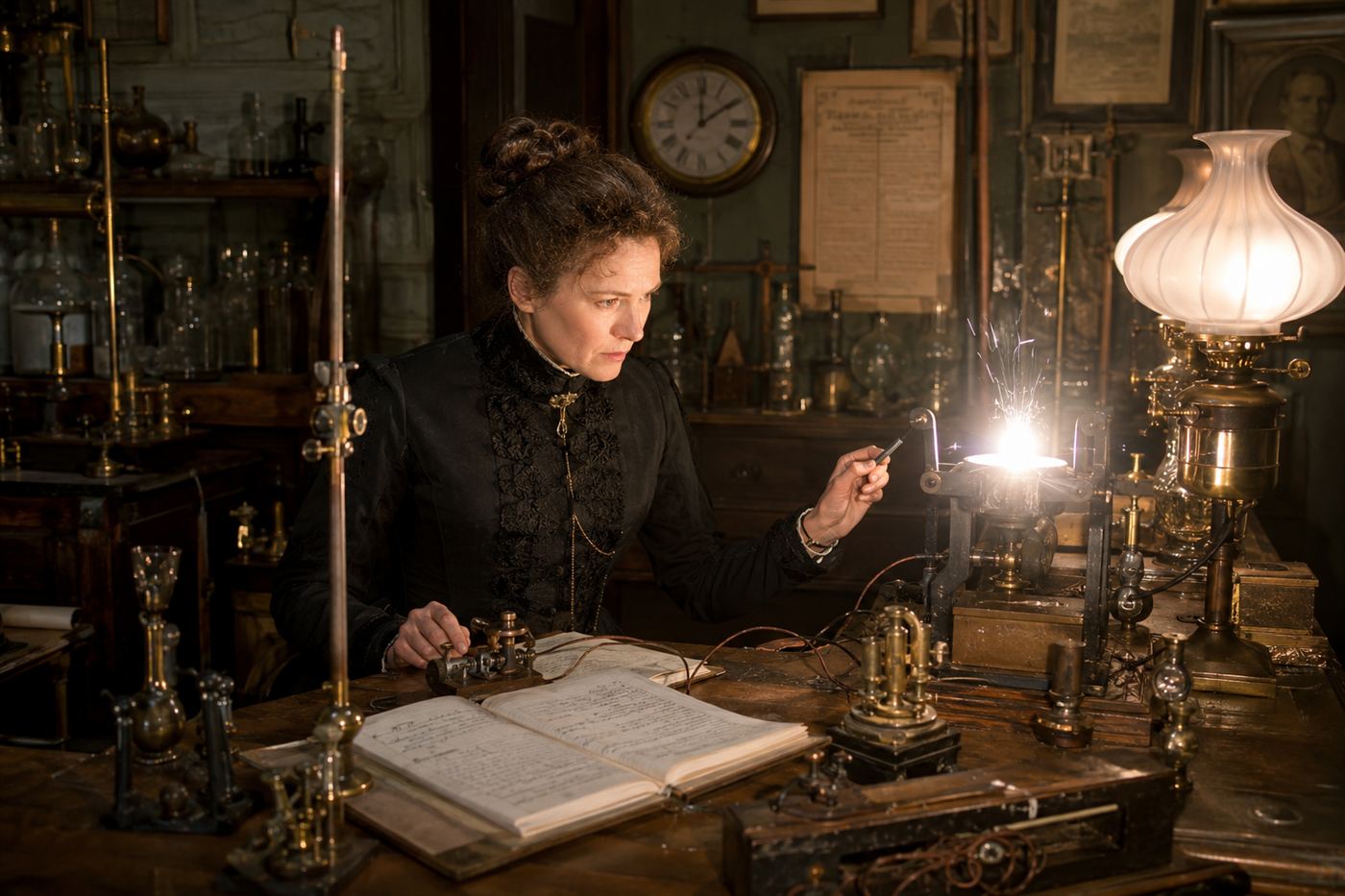 A Victorian woman scientist studying a bright carbon electric arc lamp on a laboratory bench, representing Hertha Ayrton