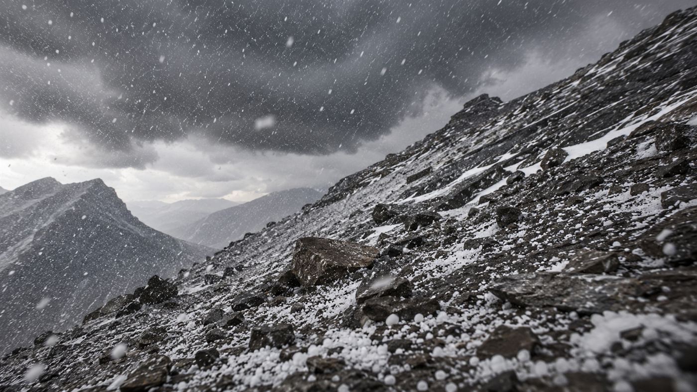 A violent hailstorm battering a bare Himalayan mountainside with no shelter
