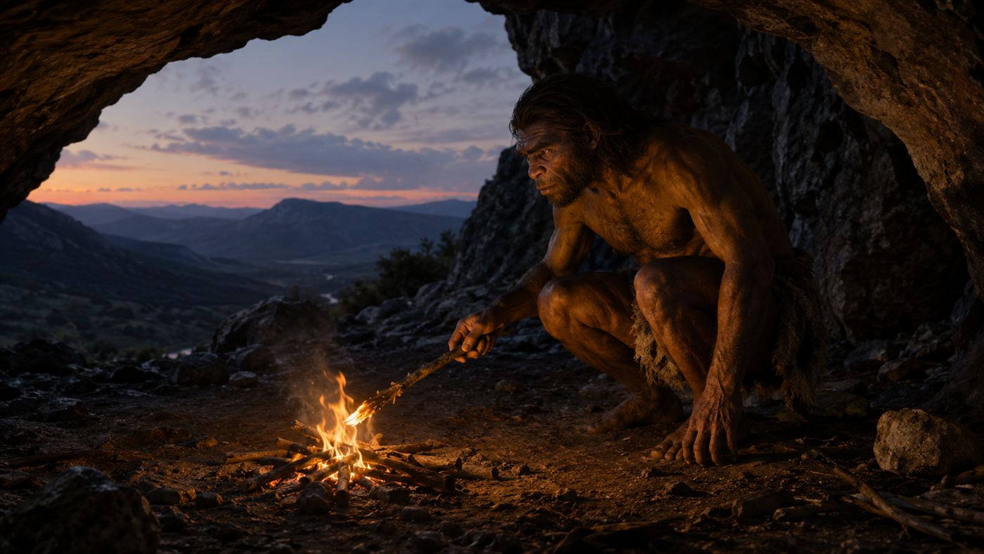 An illustration of a Homo erectus figure tending a small fire at the mouth of a cave at night