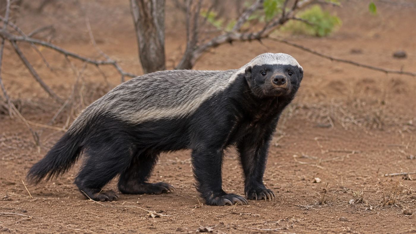 A honey badger standing alert on dry African ground with its black body and grey-white back stripe