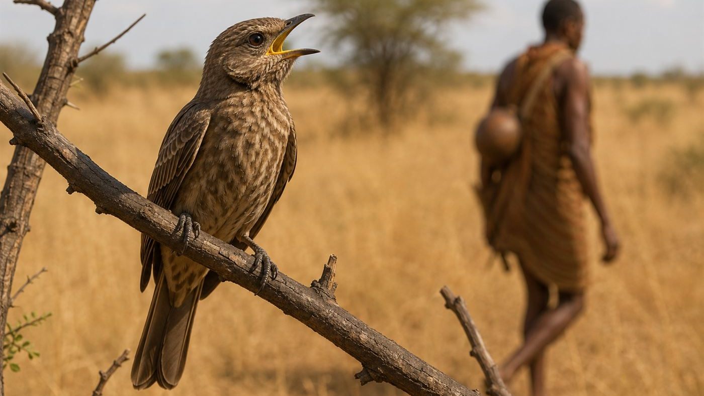 A small brown honeyguide bird calling from a branch with an African honey hunter in the savanna behind