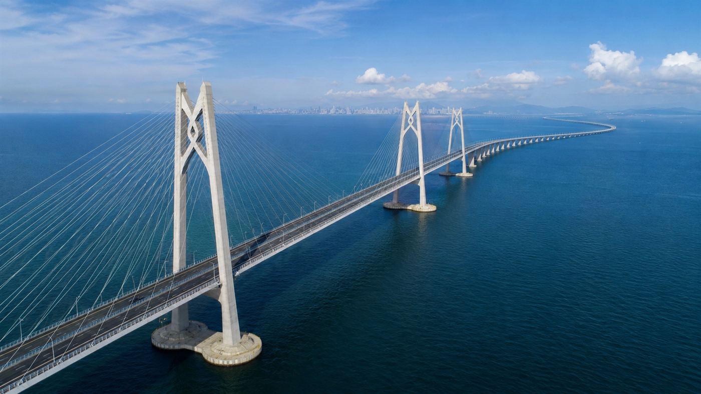 Aerial view of the Hong Kong-Zhuhai-Macau Bridge curving across the open sea