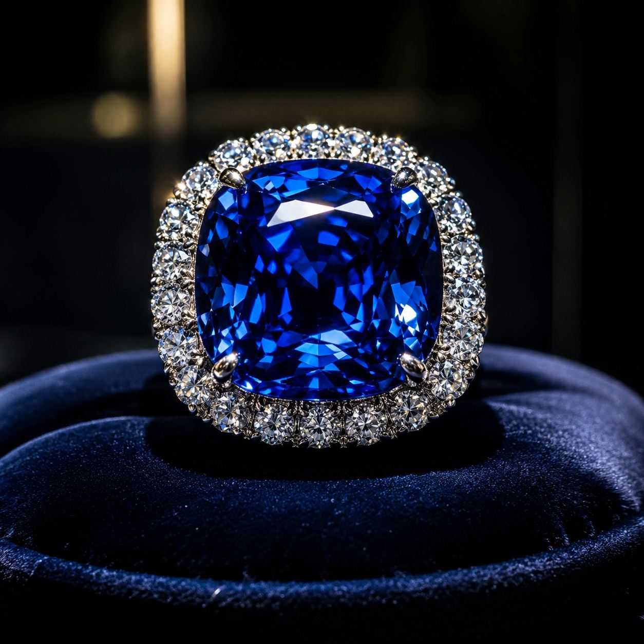 A close-up of the Hope Diamond, a large deep-blue cushion-cut diamond ringed with small white diamonds on dark velvet under museum lighting
