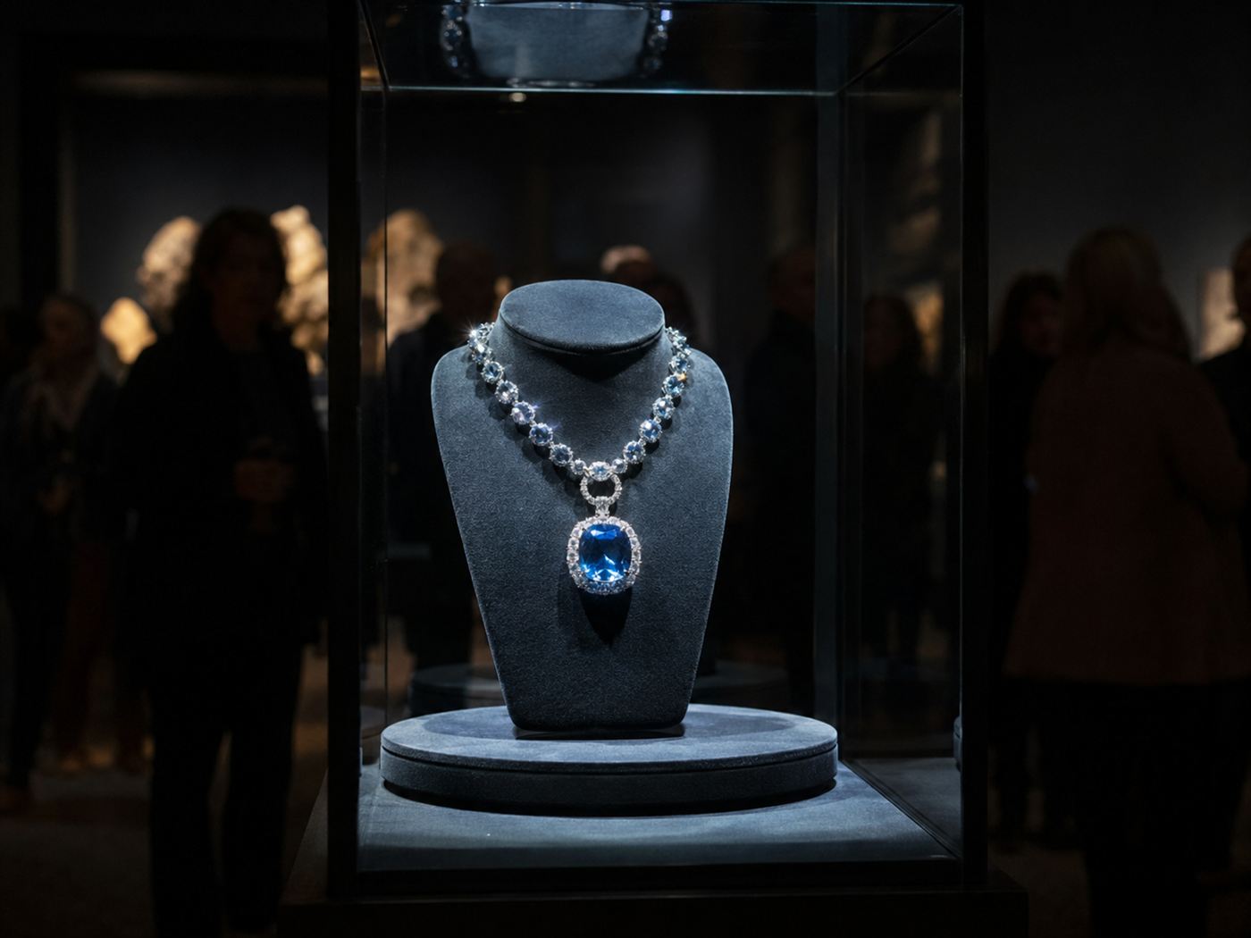 A brilliant blue diamond necklace glowing under a spotlight in a natural history museum display case with blurred visitors around it