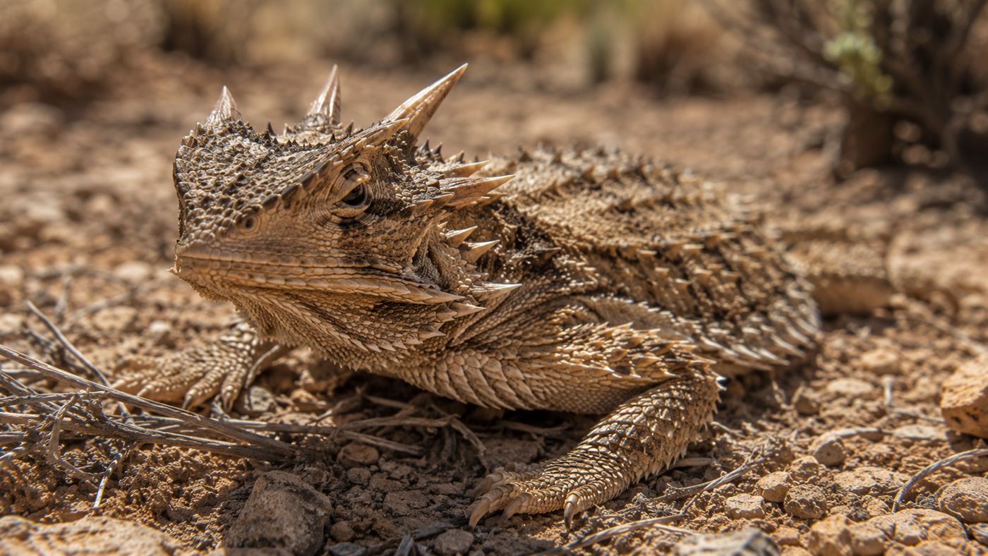 A spiny horned lizard with a crown of horns and sandy-brown skin on desert ground