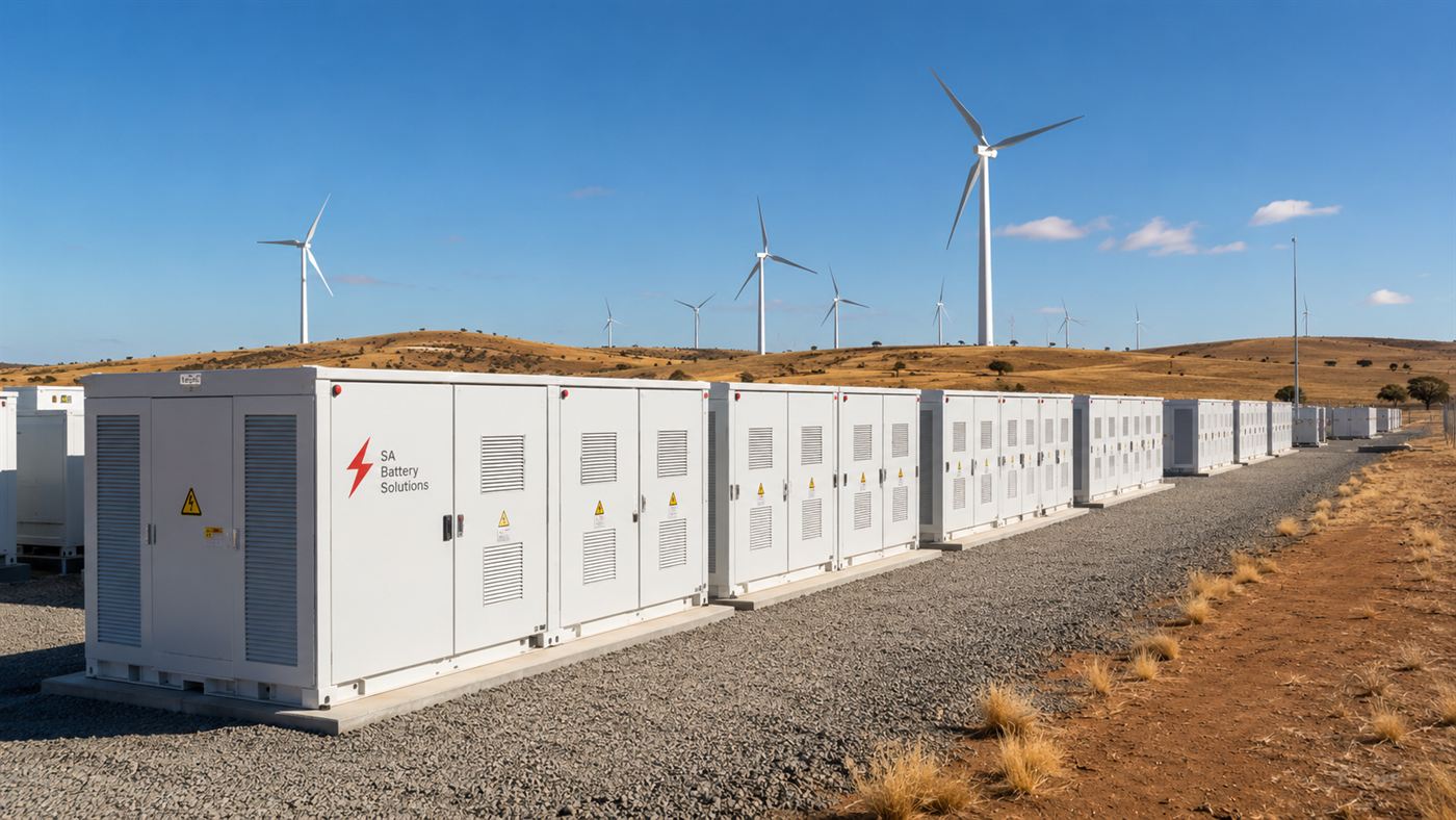 Rows of white industrial battery units lined up in the dry South Australian outback with wind turbines turning on the horizon