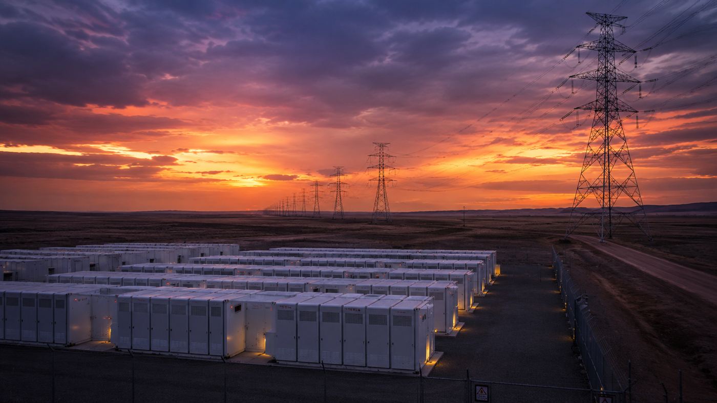 The rows of battery units glowing at dusk with high-voltage transmission lines and pylons leading away across the plain