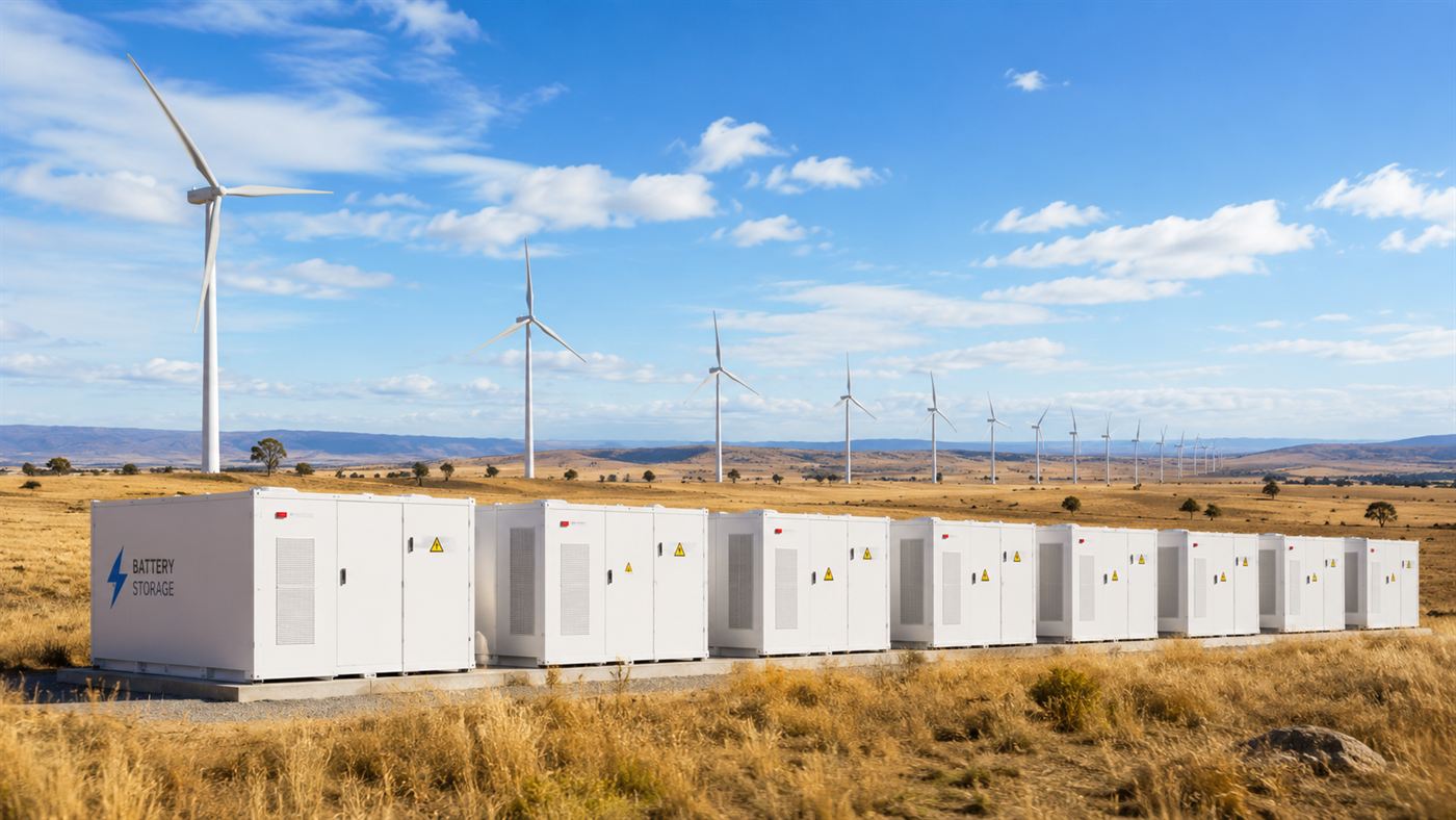 The Hornsdale battery units in a row on golden grassland beside tall white wind turbines under a wide blue sky