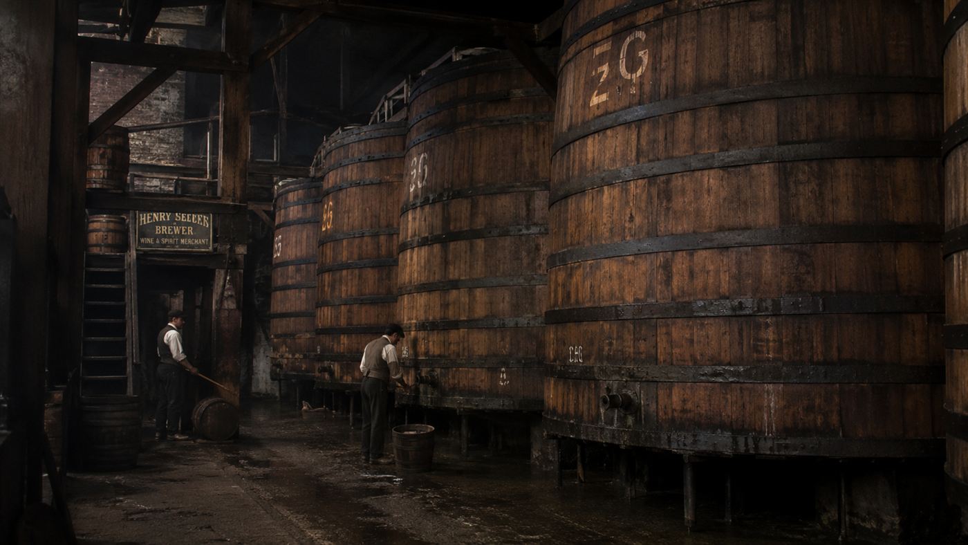 Giant wooden fermentation vats bound with iron hoops, like those that burst in the London Beer Flood