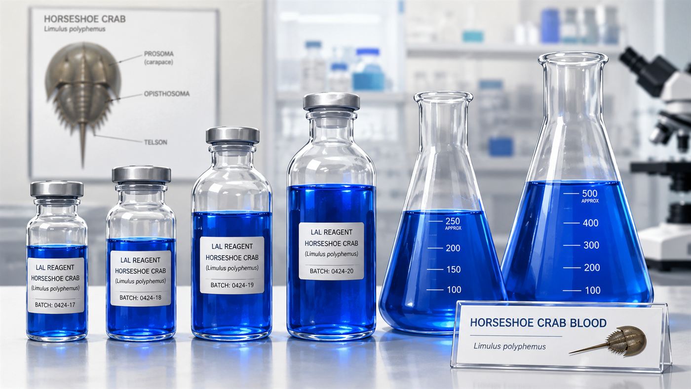 Glass laboratory vials filled with bright blue horseshoe crab blood lined up on a clean bench