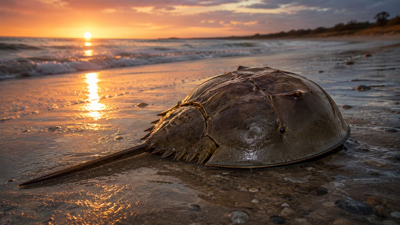 A horseshoe crab with a domed brown shell and long spiked tail on a wet sandy shore at dusk with gentle waves behind it