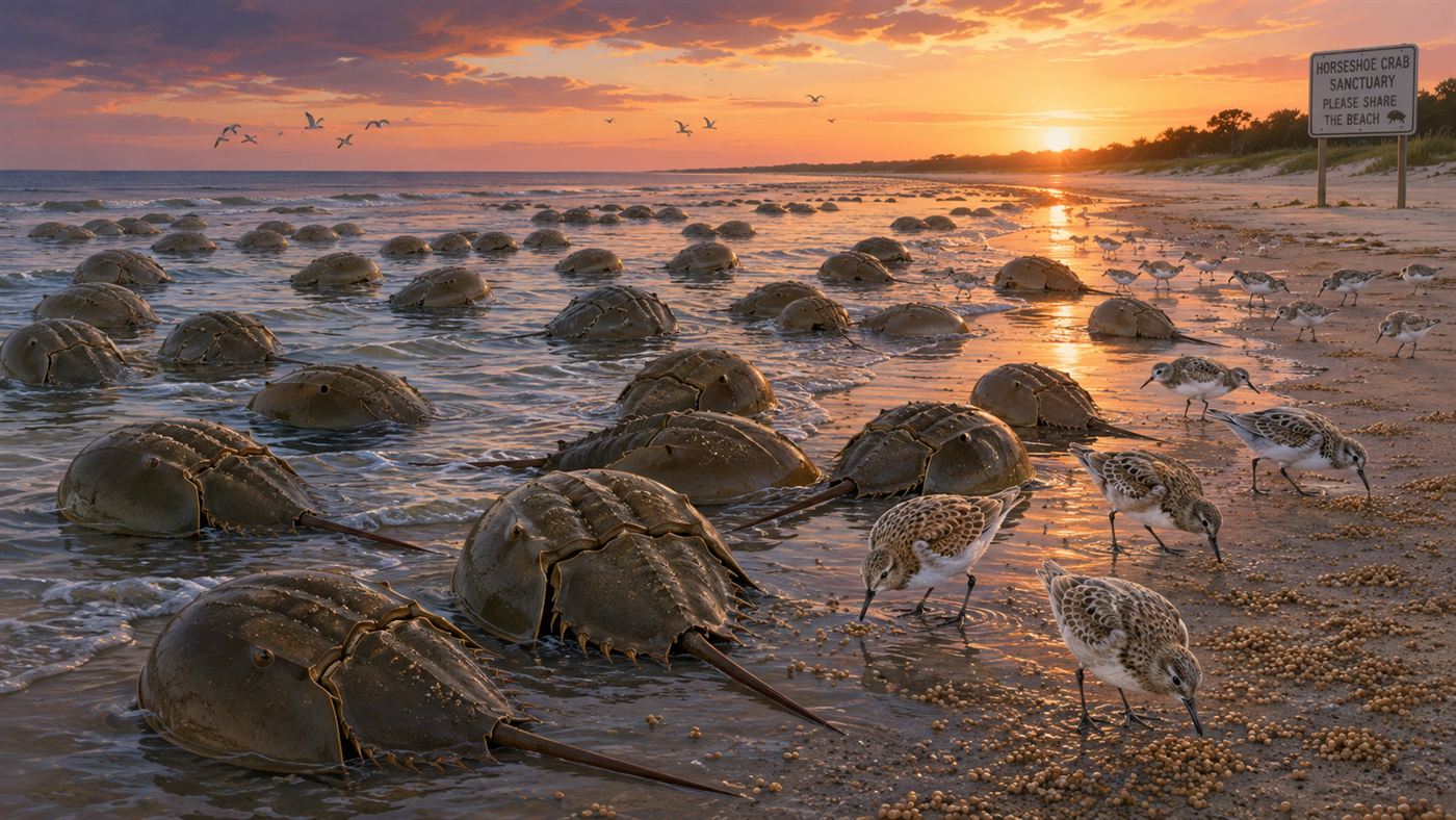 Dozens of horseshoe crabs gathered on a beach to spawn at dusk while small migratory shorebirds feed among them