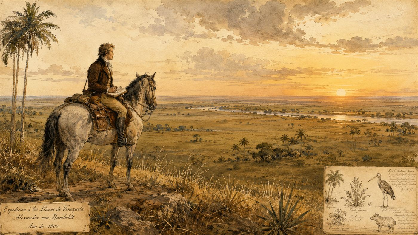 Alexander von Humboldt sketching wildlife in the Venezuelan llanos in 1800, the landscape where he witnessed electric eels attacking horses during a traditional fishing drive