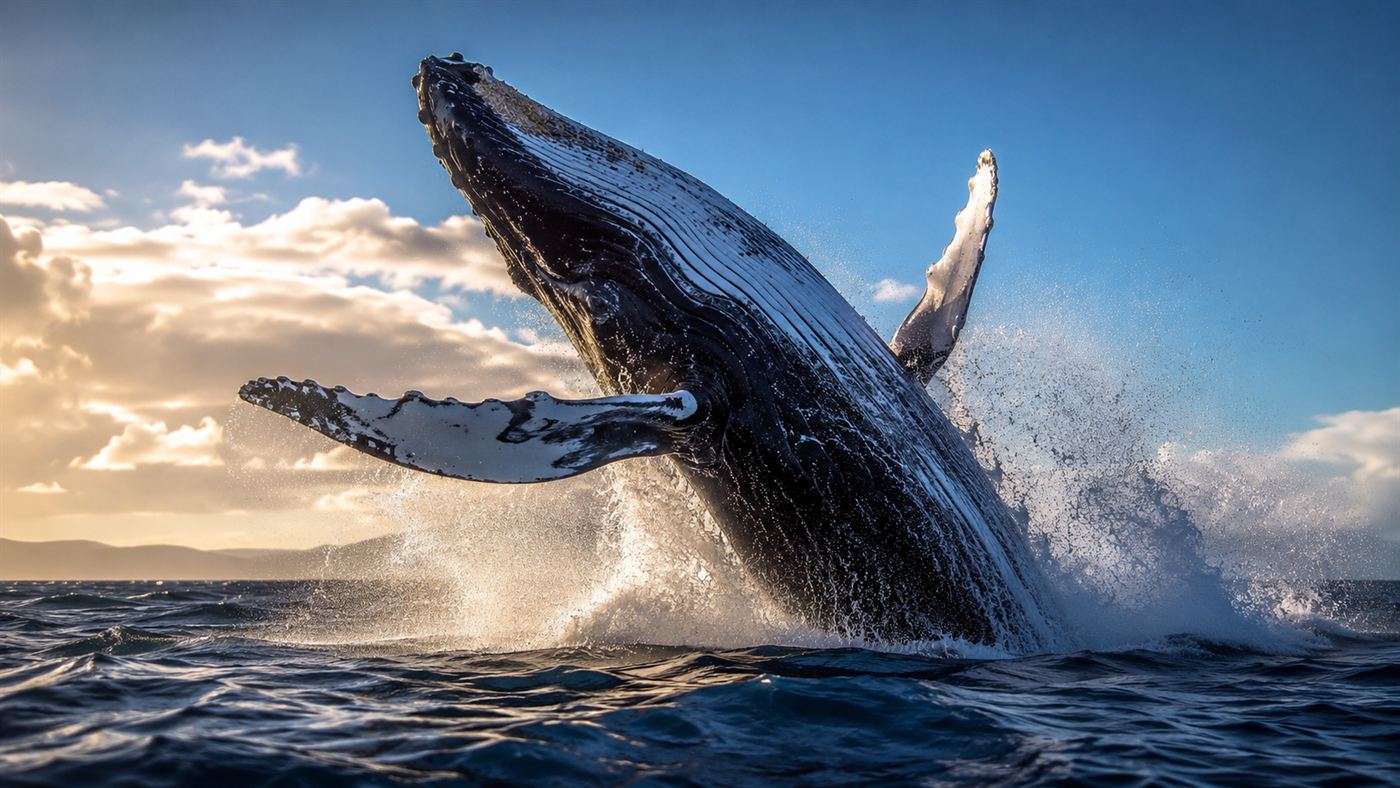 A humpback whale breaching out of the open ocean with spray flying, its long flippers spread wide