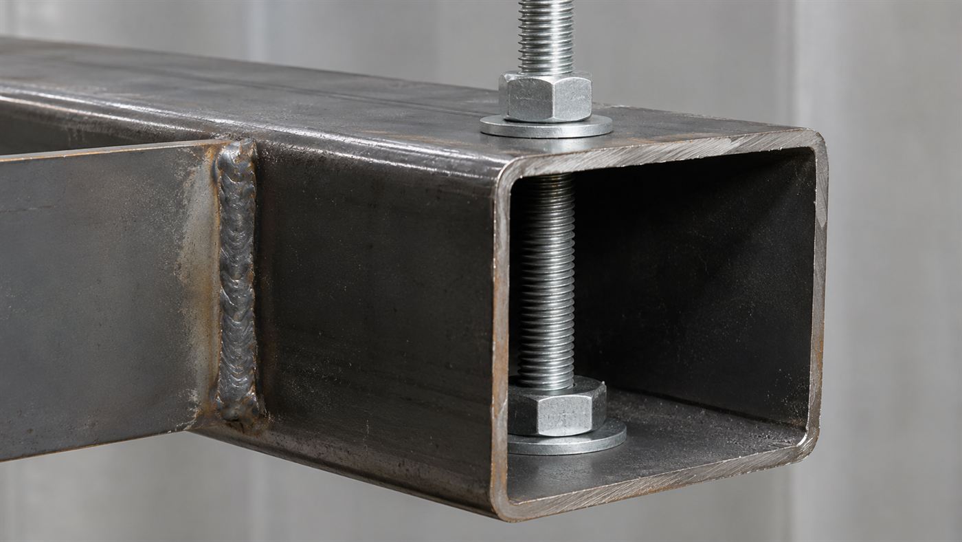 A close view of a steel box-beam and hanger rod connection of the kind that failed in the Hyatt Regency walkway collapse