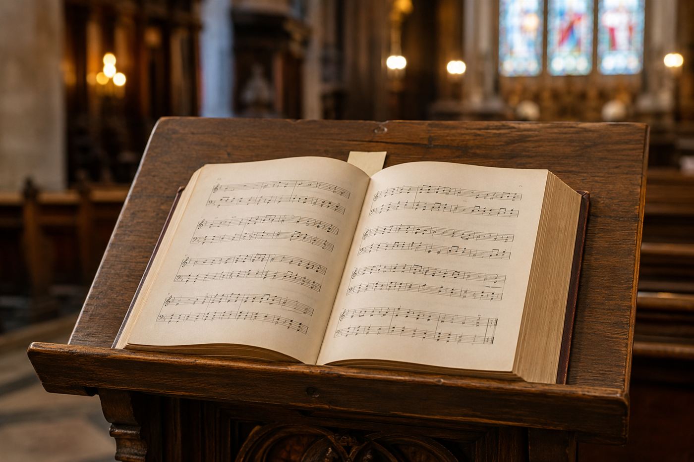 An open hymnal on a wooden choir stand with a paper bookmark slip, in a quiet church, evoking Art Fry's idea for the Post-it note