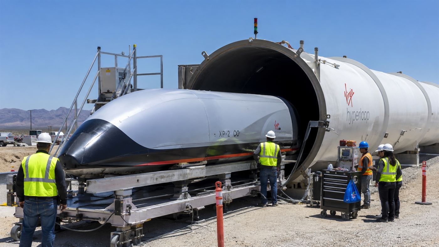 A test pod entering the mouth of a large steel hyperloop test tube in the desert, engineers and equipment alongside