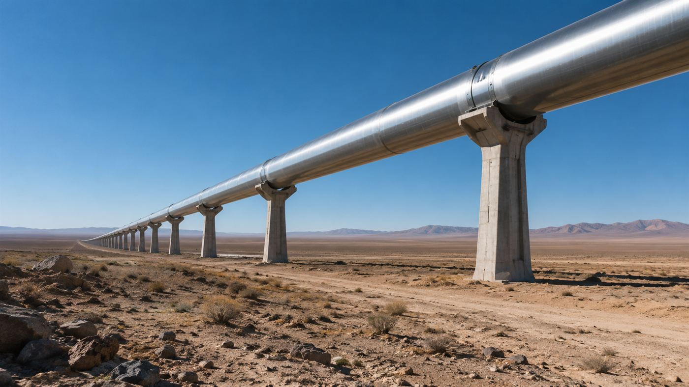 A long elevated hyperloop tube on concrete supports stretching straight to the horizon across a sunlit desert