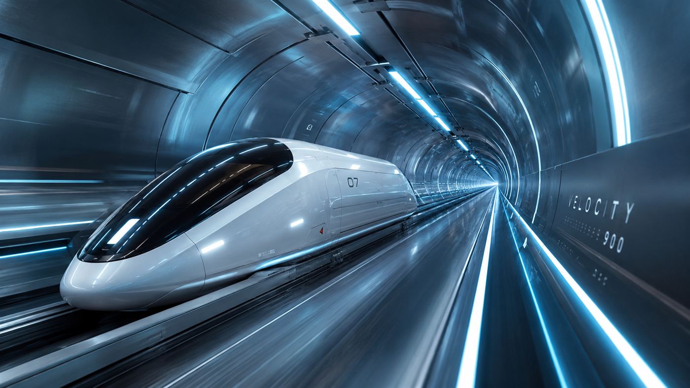 A sleek white passenger pod inside a long elevated steel hyperloop tube stretching into the distance, futuristic and clean