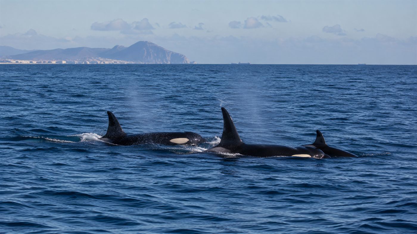A small pod of Iberian killer whales swimming together in the Strait of Gibraltar, a critically endangered population
