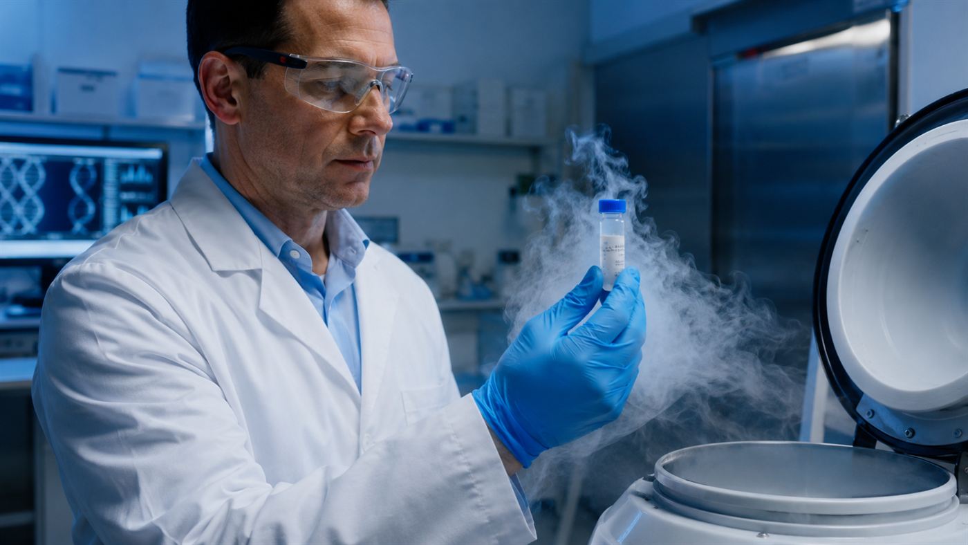 A scientist holding frozen tissue in nitrogen vapour, the kind of sample behind the Pyrenean ibex de-extinction