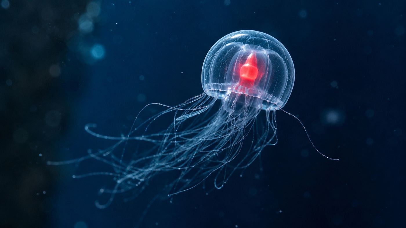 The immortal jellyfish, a tiny translucent Turritopsis, floating in dark water