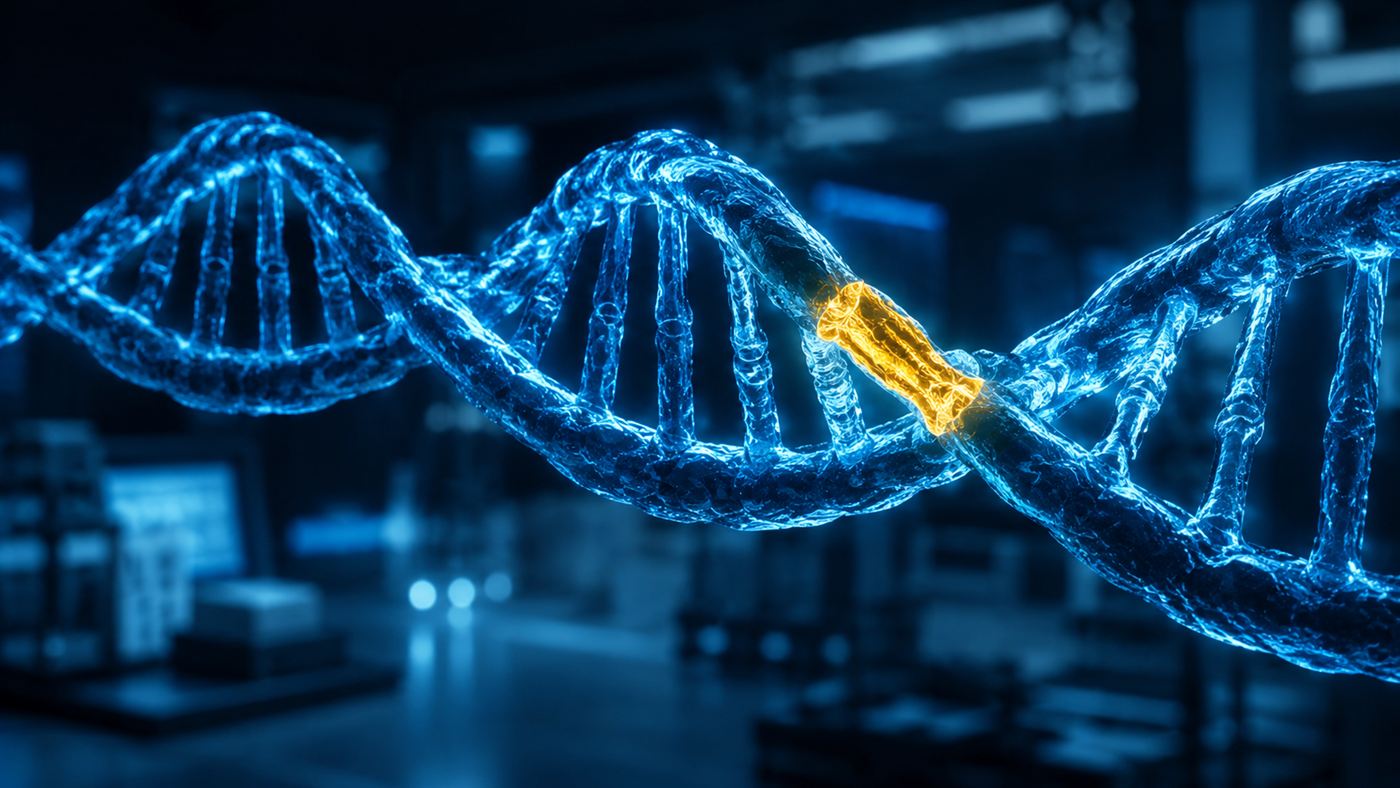 A glowing DNA double helix with one segment being edited, illustrating in vivo gene editing
