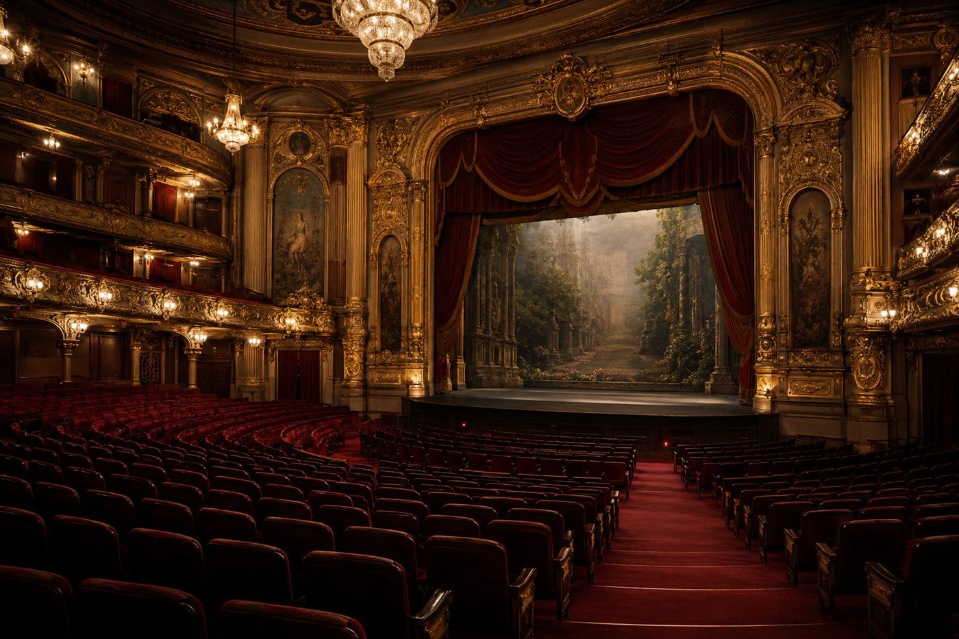 An ornate, empty early-1900s theatre interior with gilded balconies and rows of seats, evoking the Iroquois Theatre before the fire