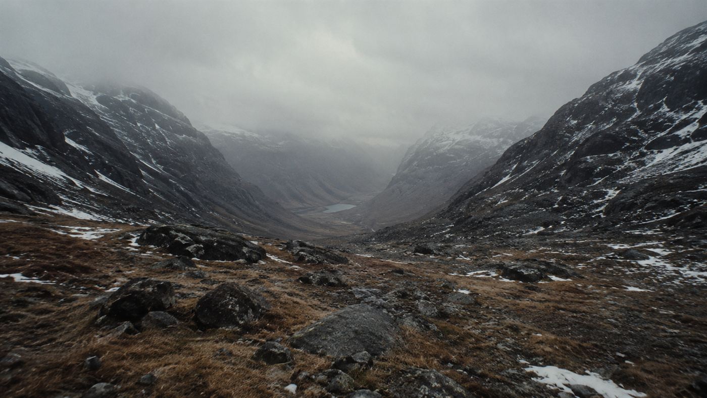 The bleak misty Norwegian valley of Isdalen where the Isdal Woman was found in 1970