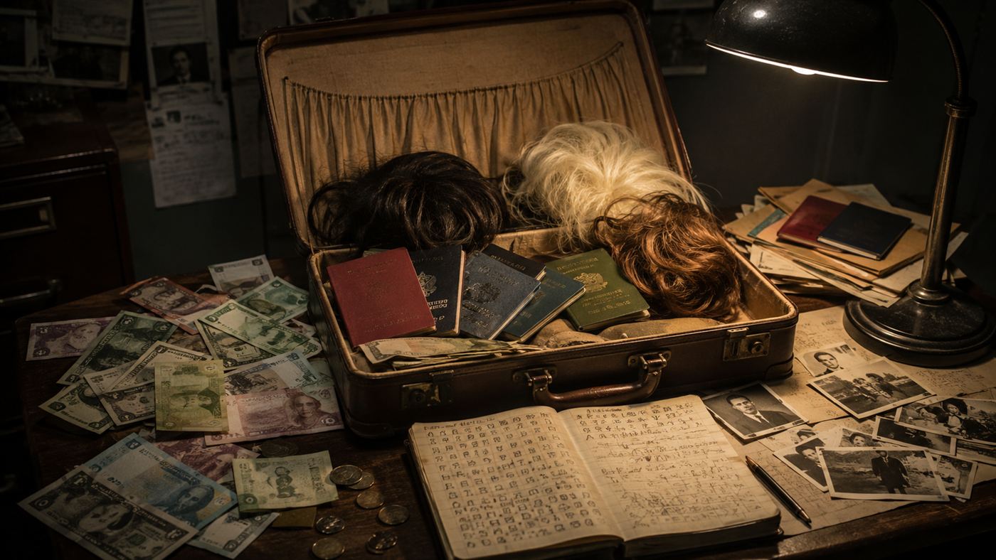 An open 1970 suitcase holding several passports, wigs, foreign banknotes and a notebook of coded symbols