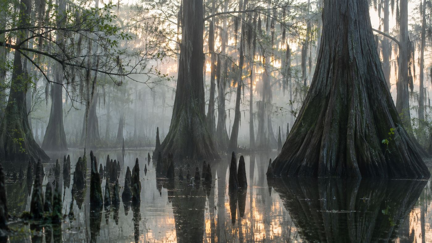 A misty old-growth bottomland cypress swamp in the American South, the ivory-billed woodpecker's lost habitat